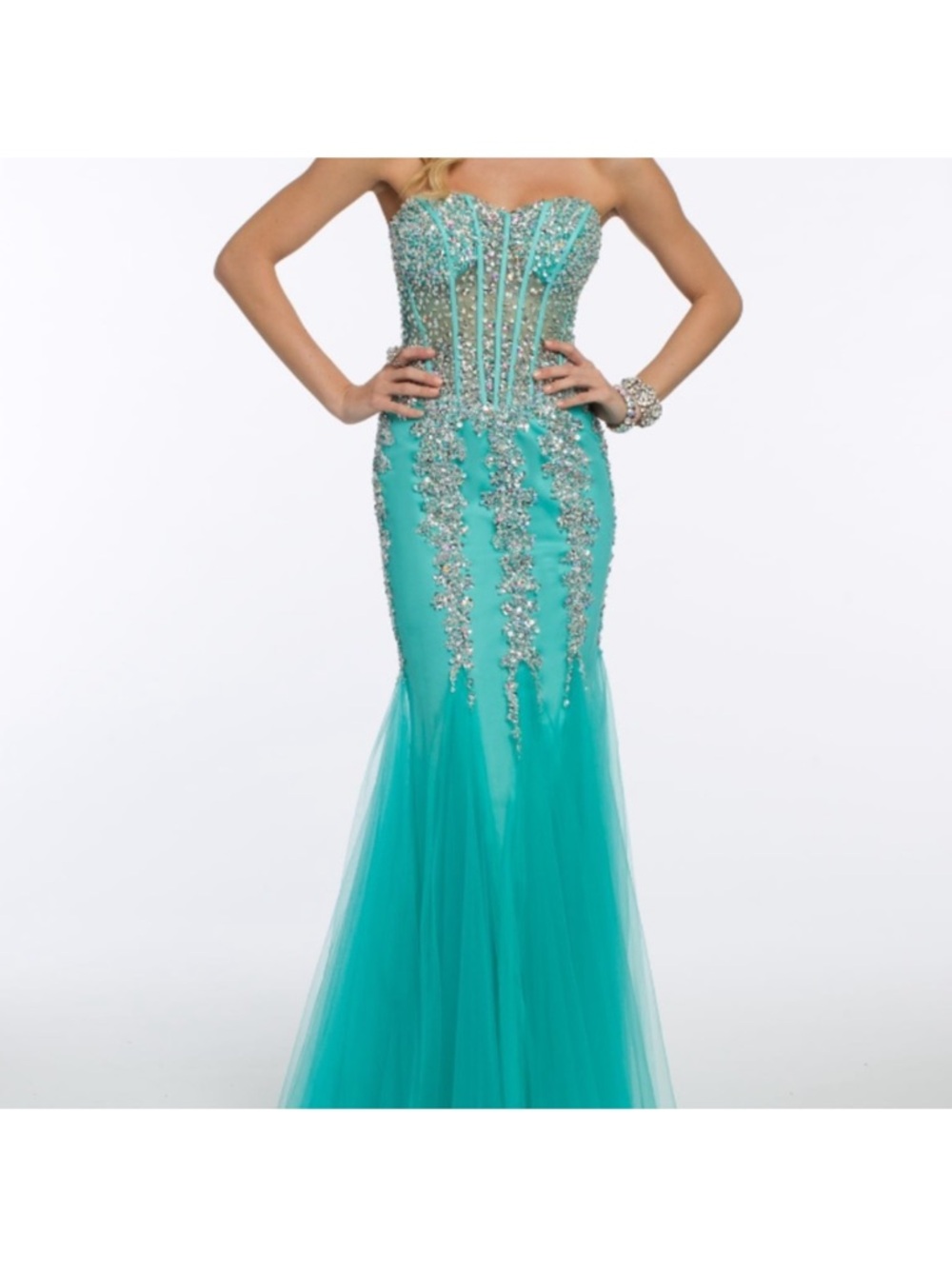 Jovani Turquoise Mermaid Evening/Prom Gown with Embellished Bodice